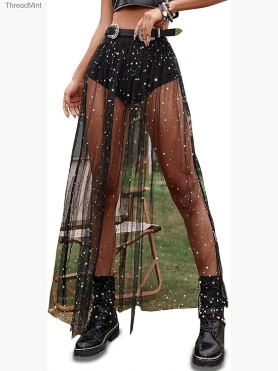 Dresses & Skirts - Sheer Mesh High Waist A-Line Maxi Skirt Festival Clubwear Rave